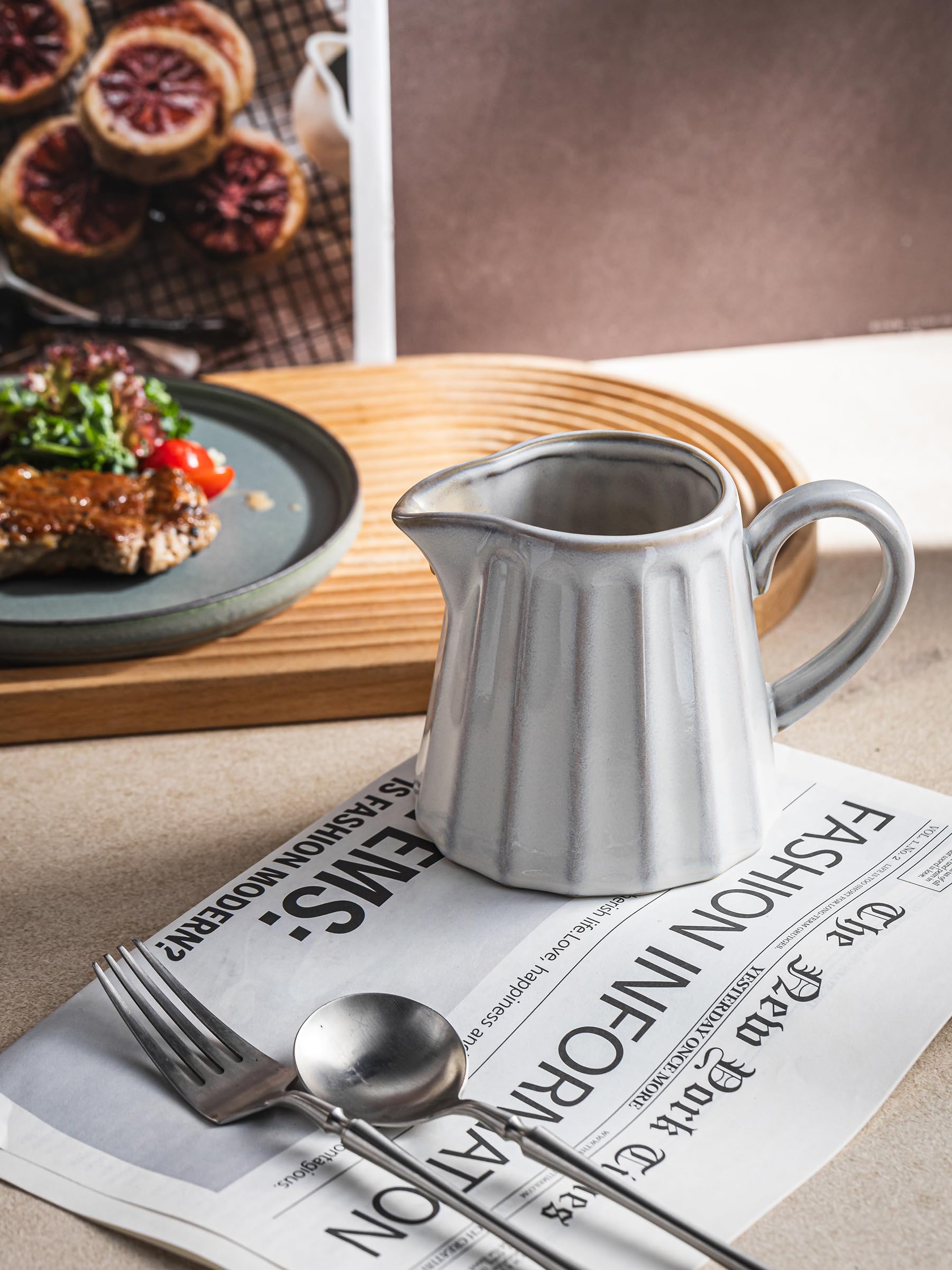 YHOJOY striped ceramic creamer pitcher highlights a cozy, rustic design