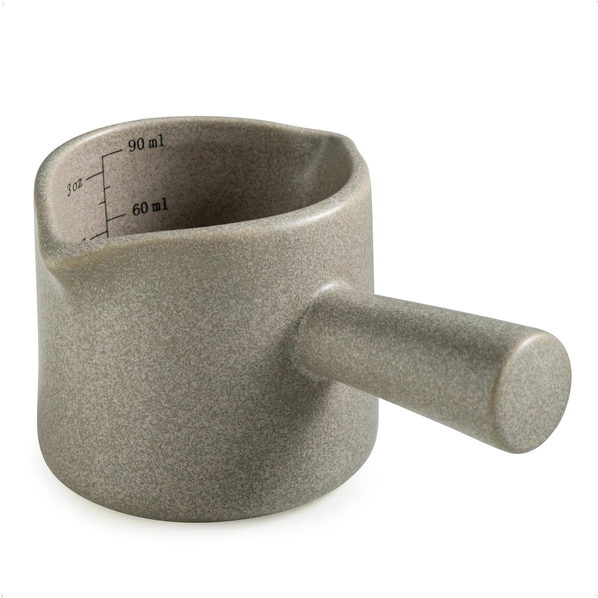 YHOJOY ceramic measuring cup with dual spouts for precise coffee pours.