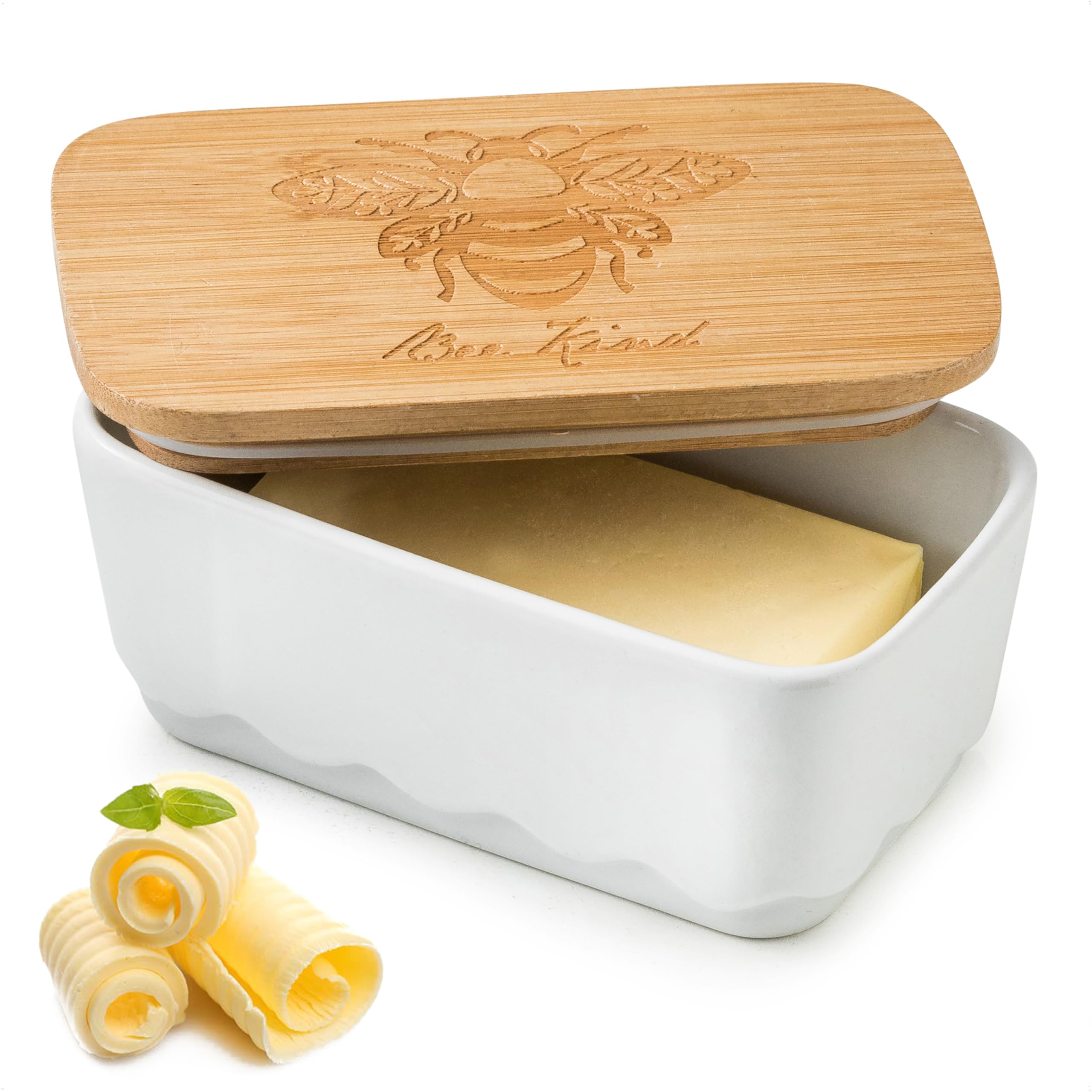 YHOJOY covered butter dish with wood lid shows lid detail on the counter.
