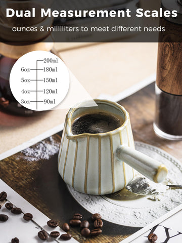 YHOJOY cup scale detail showing ounces and milliliters for accuracy