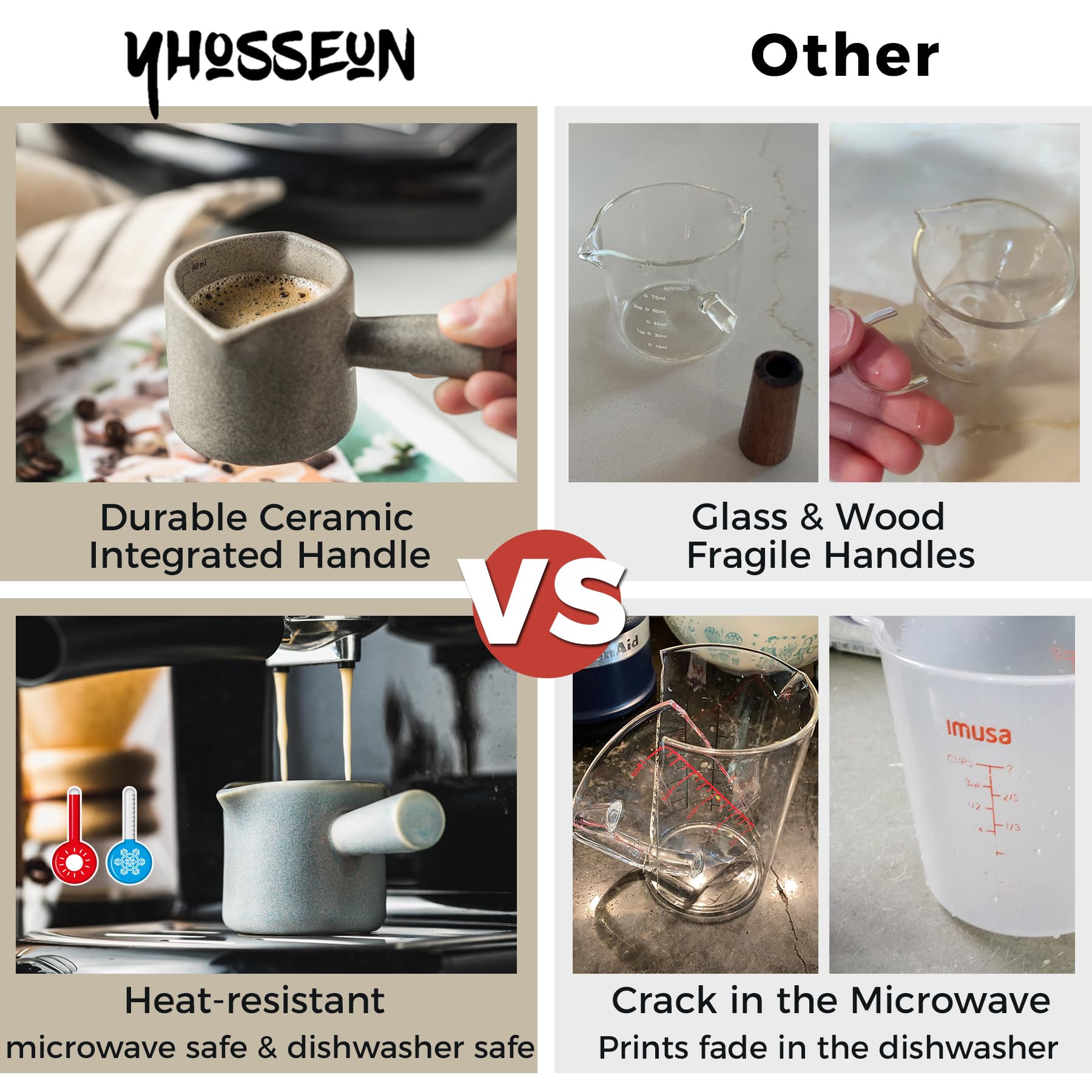 YHOJOY espresso cup with dual measurement scales for precise 3 oz/90 ml pouring