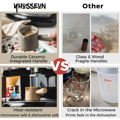 YHOJOY espresso measuring cup with a comfortable handle for stable pouring.