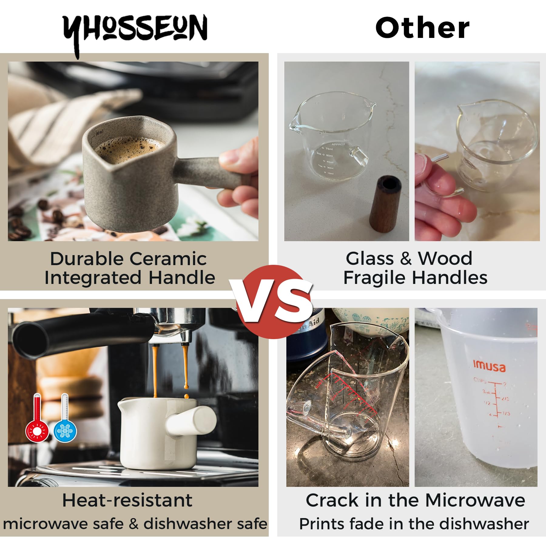 YHOJOY espresso measuring cup left-spout pour for convenient left-handed use