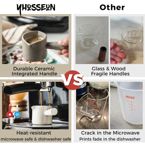 YHOJOY espresso measuring cup left-spout pour for convenient left-handed use