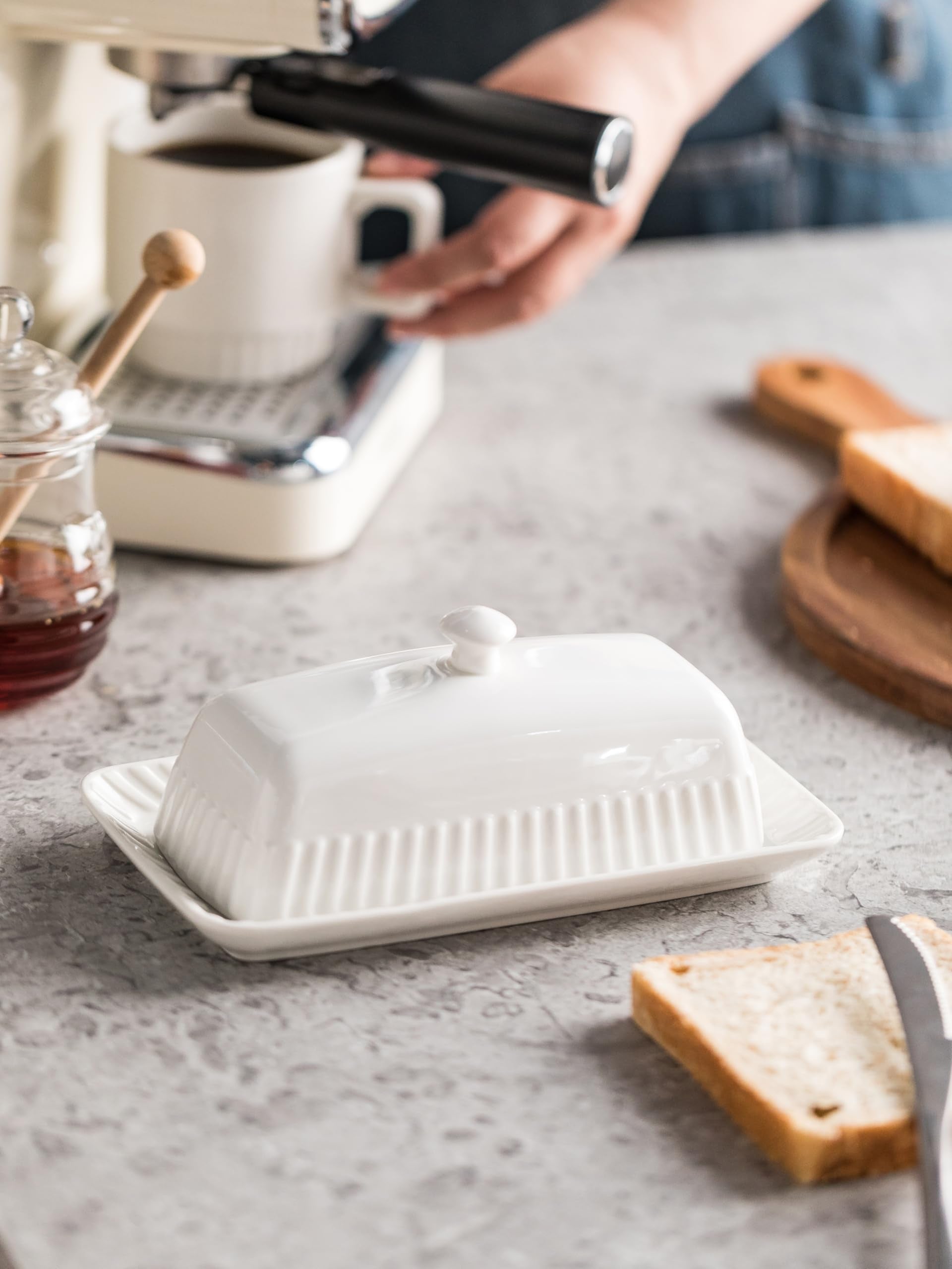 YHOJOY minimalist white butter dish design complements kitchen decor