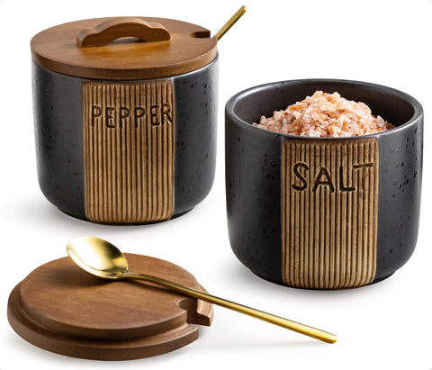 YHOJOY salt and pepper bowl with woodgrain lid for quick countertop seasoning.