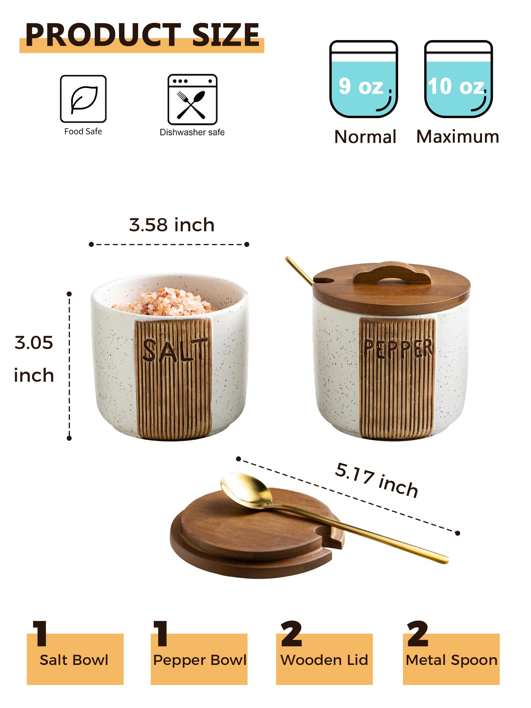 YHOJOY woodgrain lid close-up on ceramic salt pepper bowl