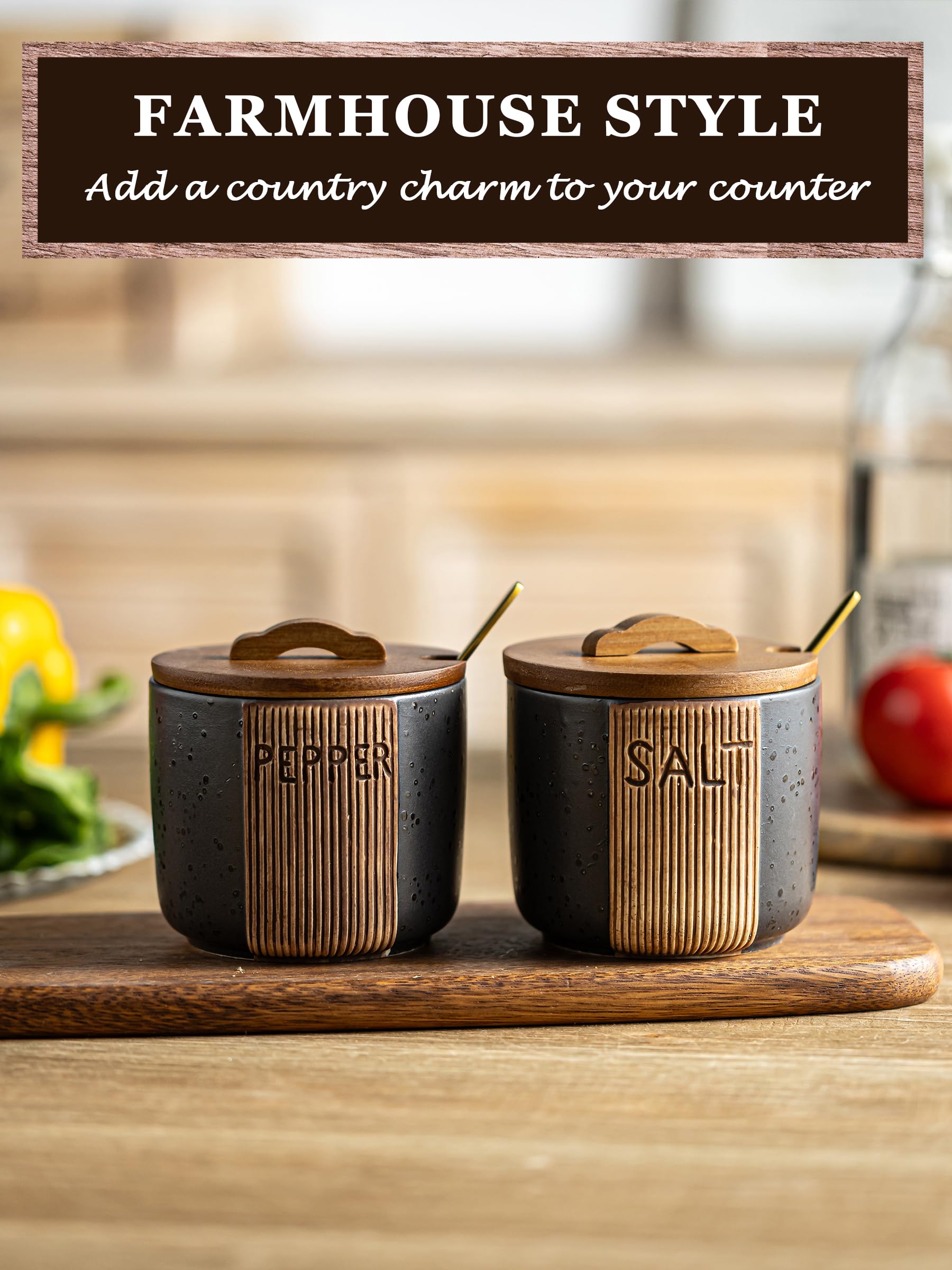 YHOJOY salt and pepper holder with wooden lid preserves freshness.