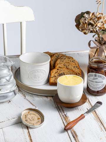 YHOJOY porcelain base and wooden lid provide durable, easy-care butter storage.