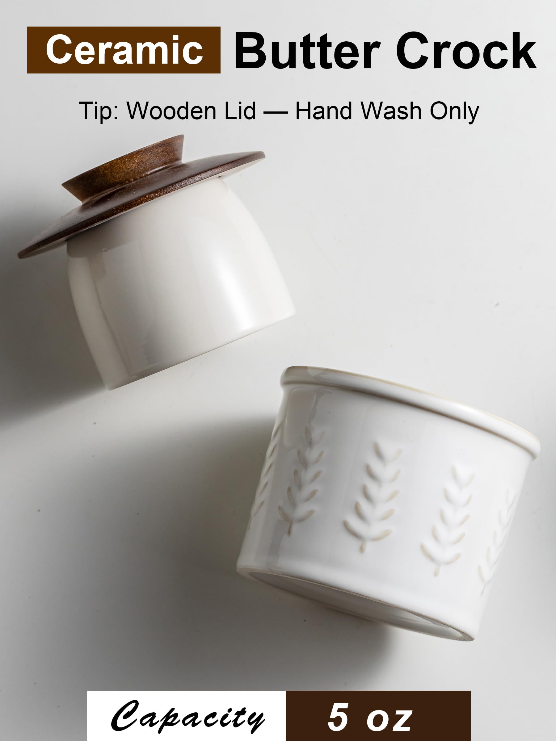 YHOJOY wooden lid complements textured ceramic for warm kitchen style.