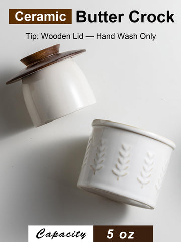 YHOJOY wooden lid complements textured ceramic for warm kitchen style.