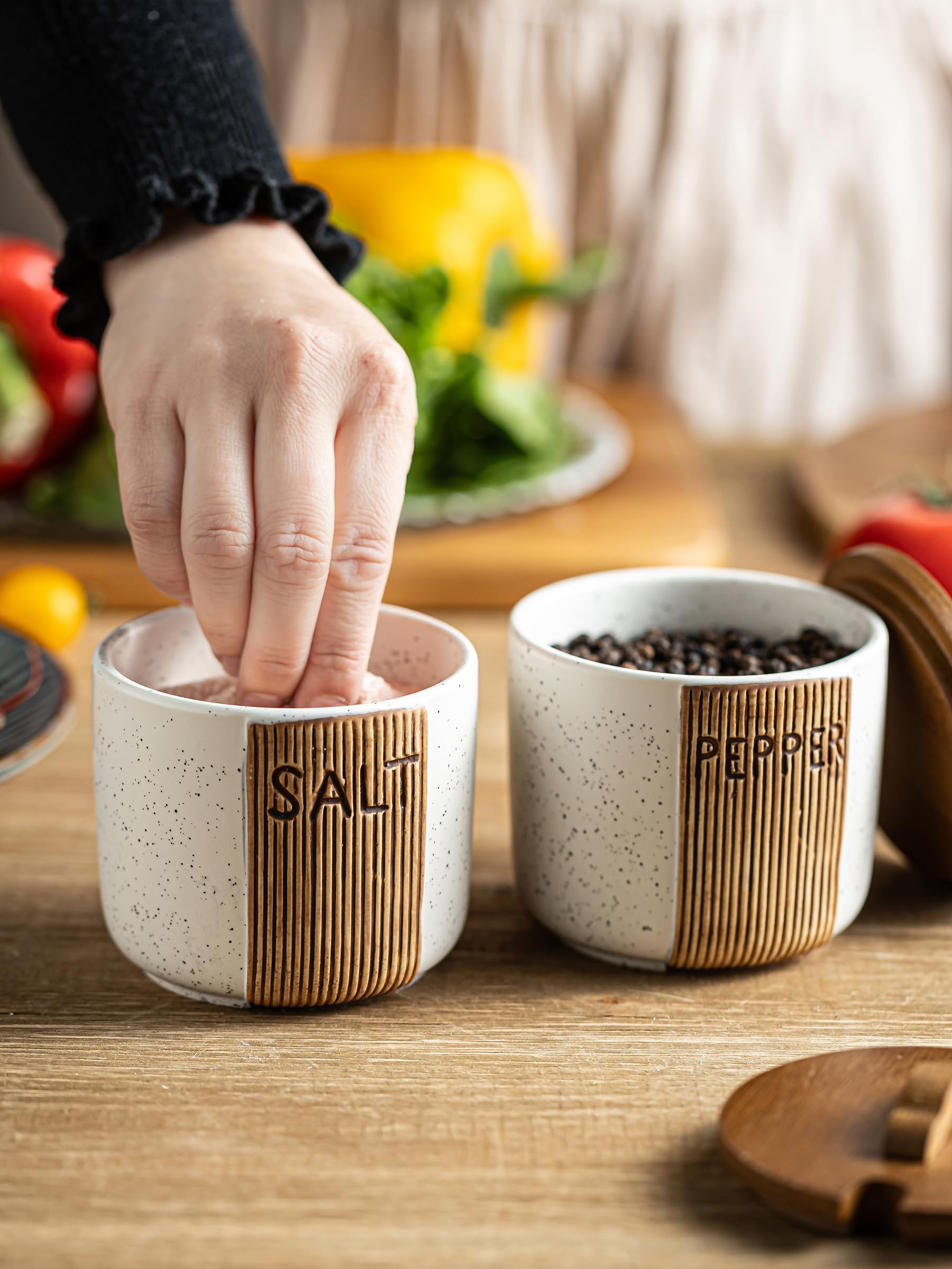 YHOJOY woodgrain embossed design salt bowl on counter