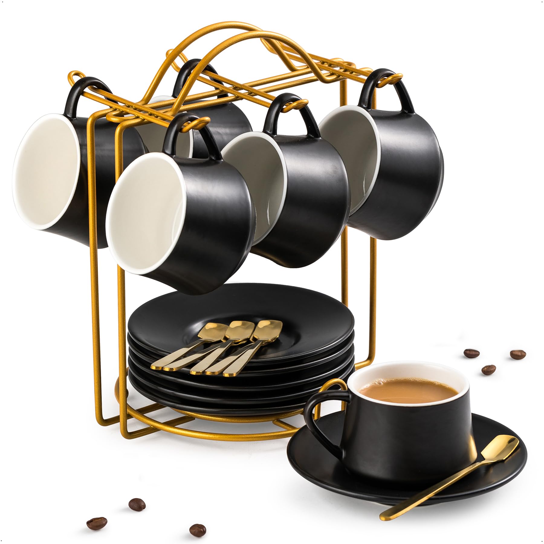 YHOSSEUN ceramic espresso cups with iron stand for organized coffee service.