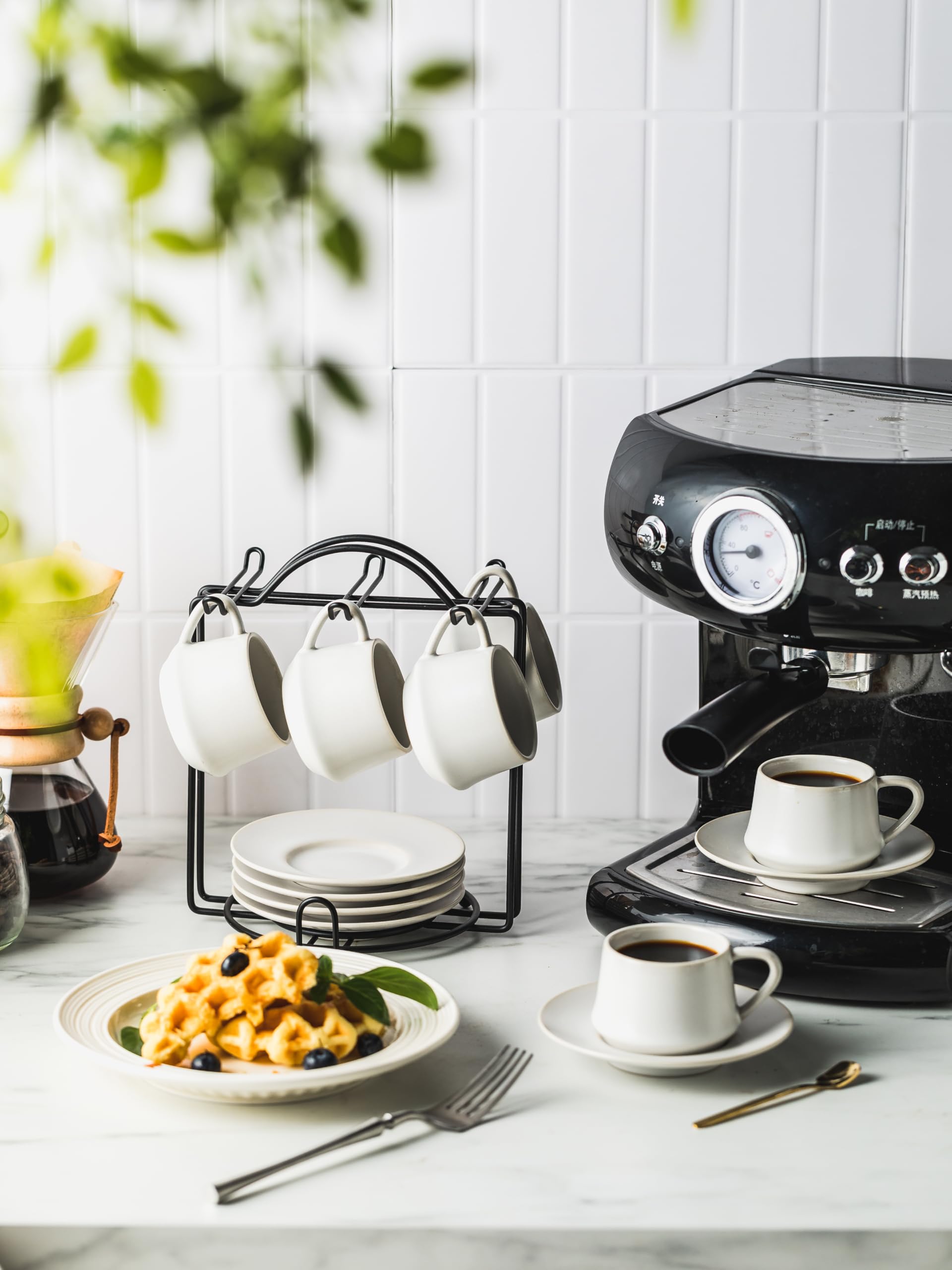 Beige YHOSSEUN ceramic cups with saucers arranged for stylish serving of espresso
