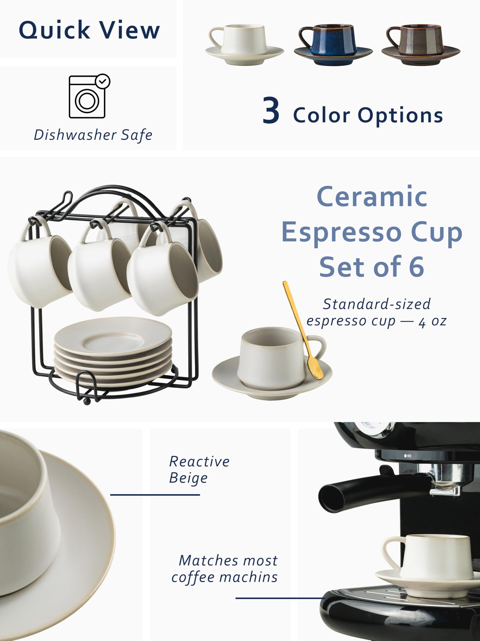 Six 4 oz ceramic espresso cups with matching saucers by YHOSSEUN