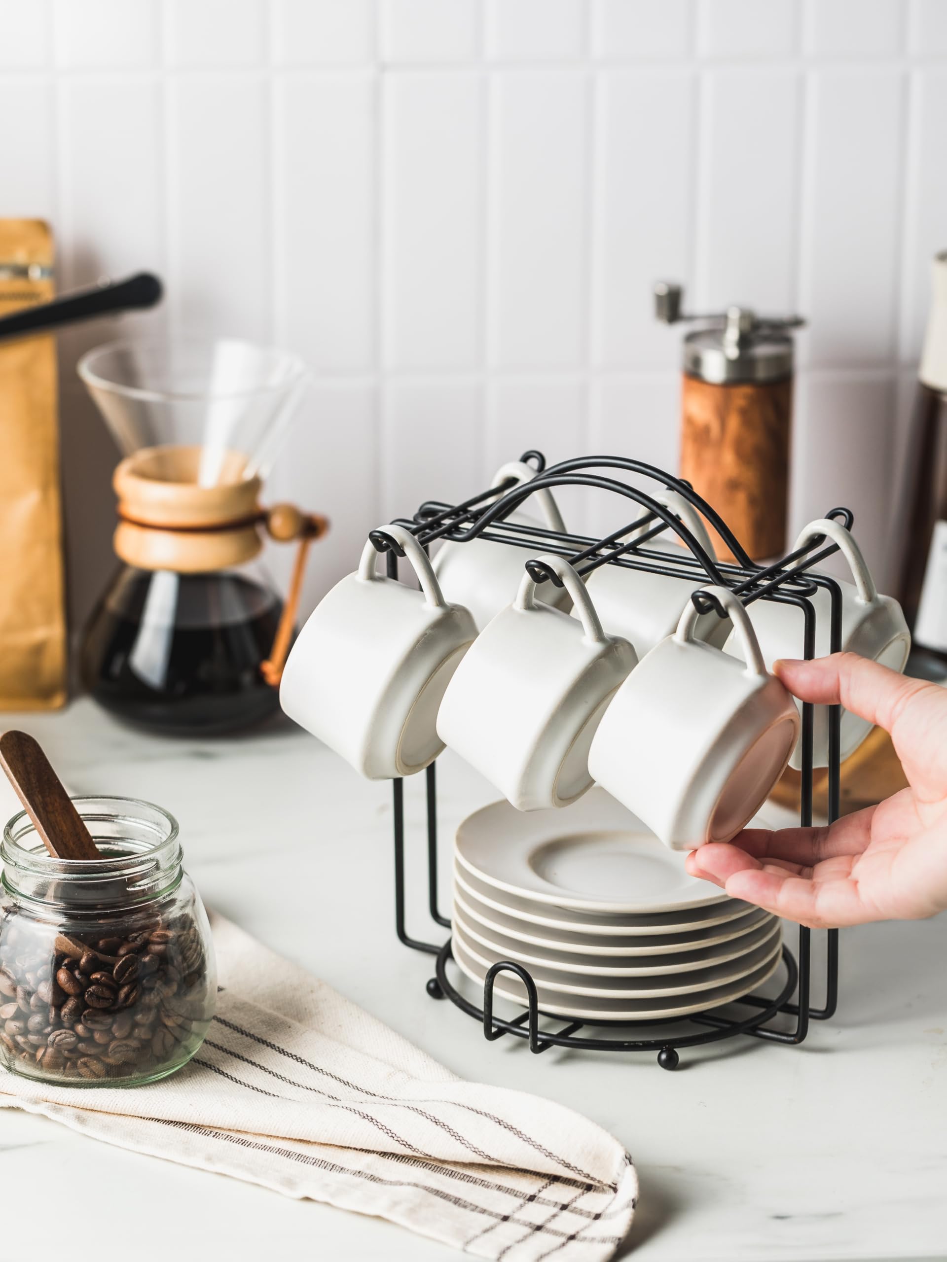 Space-saving metal stand keeps YHOSSEUN cups organized and accessible