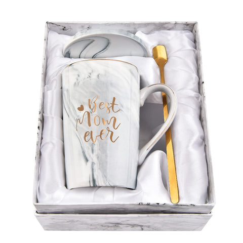YHRJWN Best Mom Ever mug gray, front view with marble pattern for daily coffee