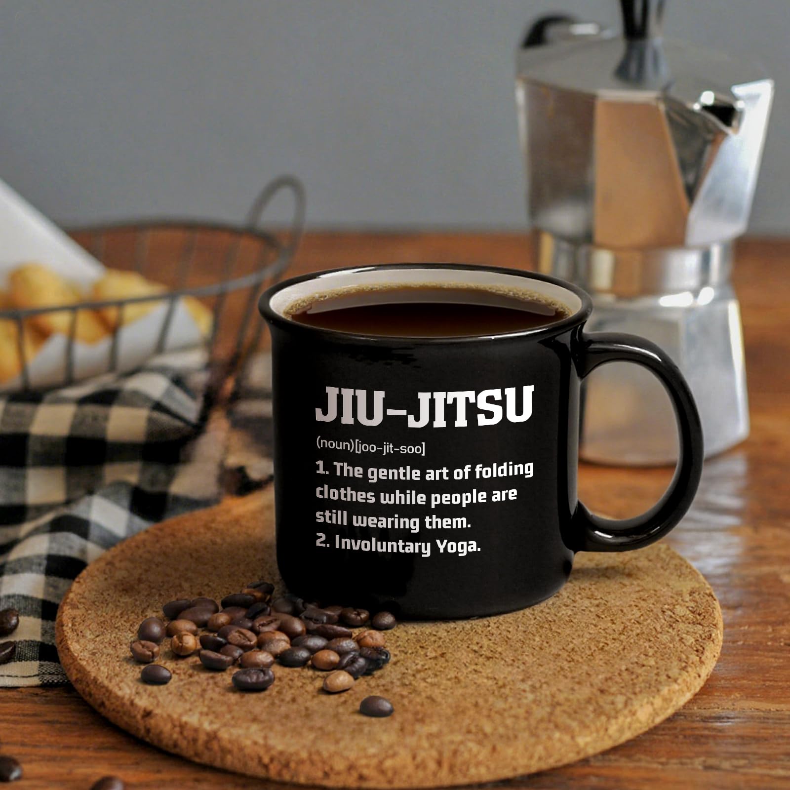 YHRJWN jiu-jitsu gift mug in gym bag ready for post-training use.
