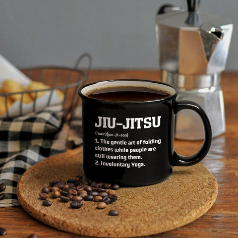 YHRJWN jiu-jitsu gift mug in gym bag ready for post-training use.