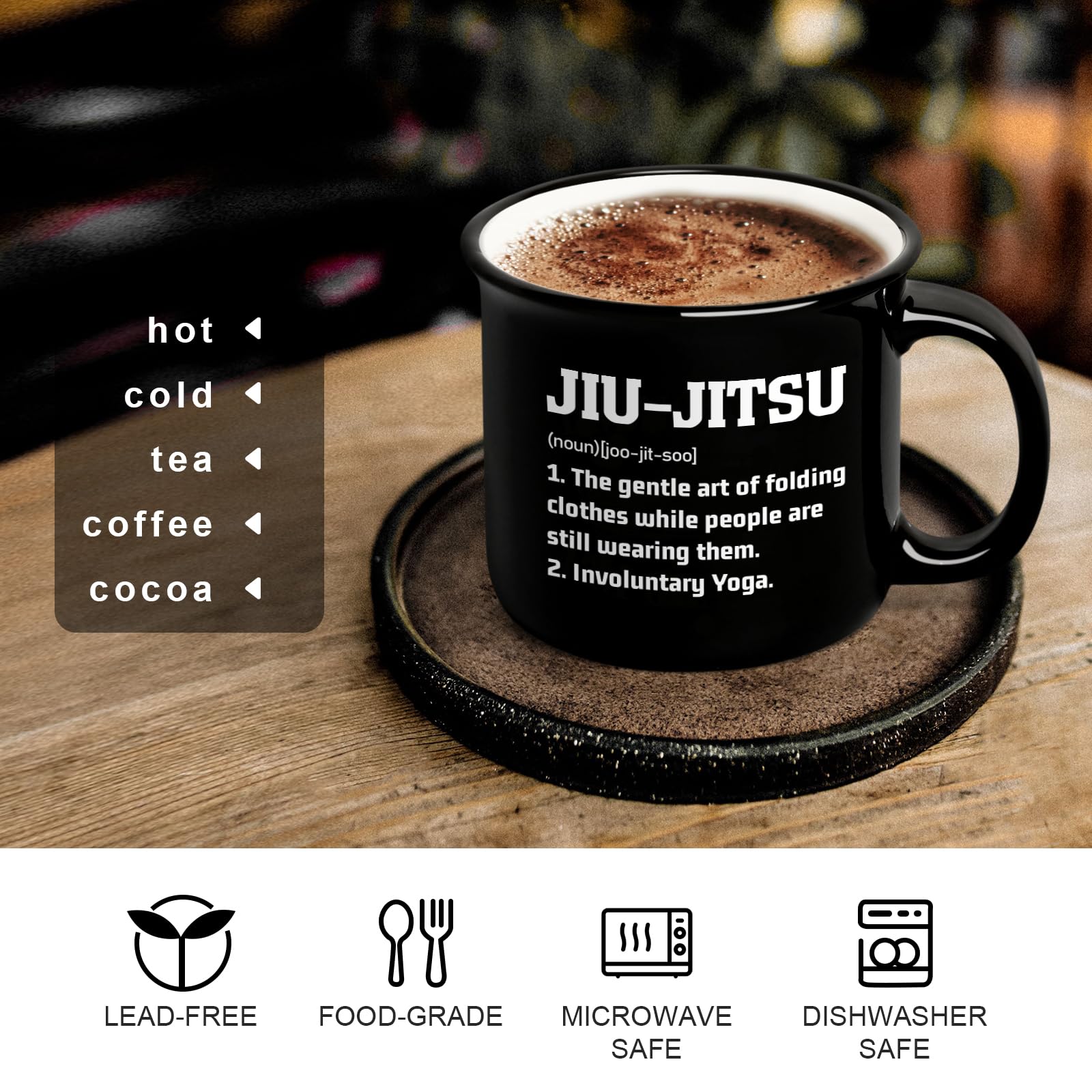 YHRJWN jiu-jitsu gift mug holding angle showing 15-ounce capacity.
