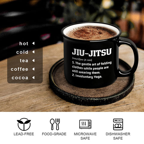YHRJWN jiu-jitsu gift mug holding angle showing 15-ounce capacity.
