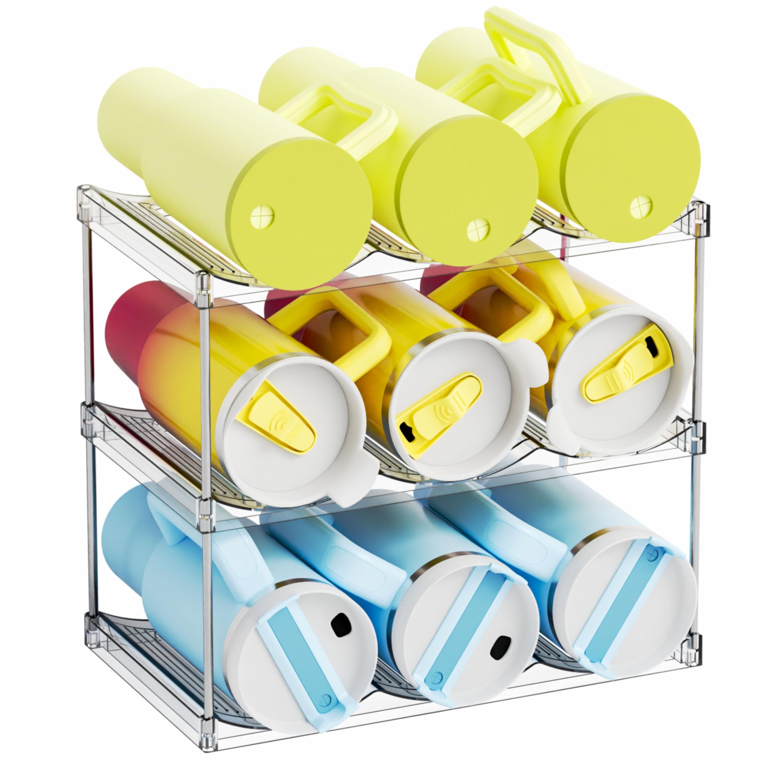 Yieach bottle organizer front view shows three-tier stack for cabinet space savings
