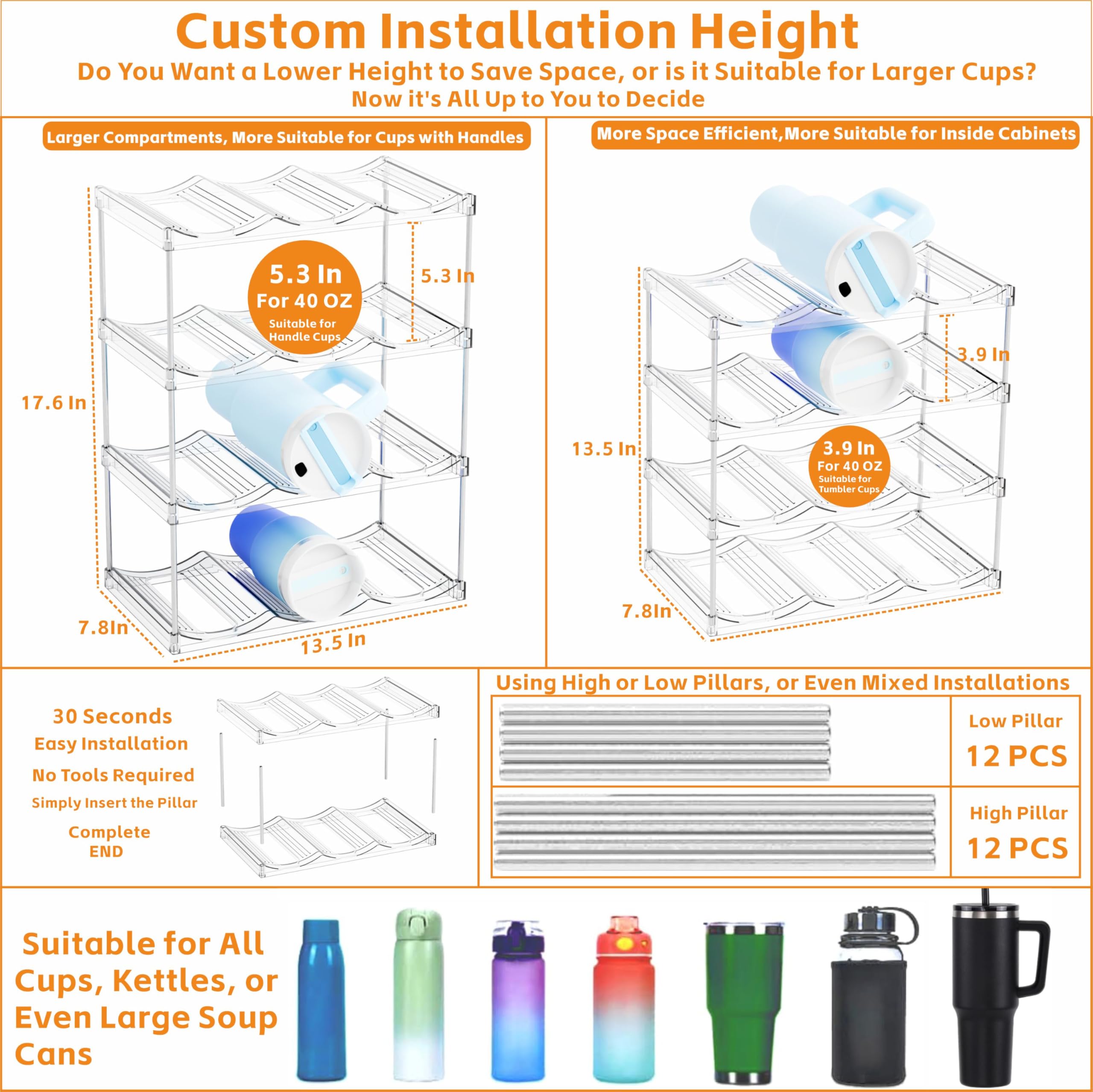Yieach brackets 5-3 inch height setup demonstrates adjustable storage for variable bottle sizes