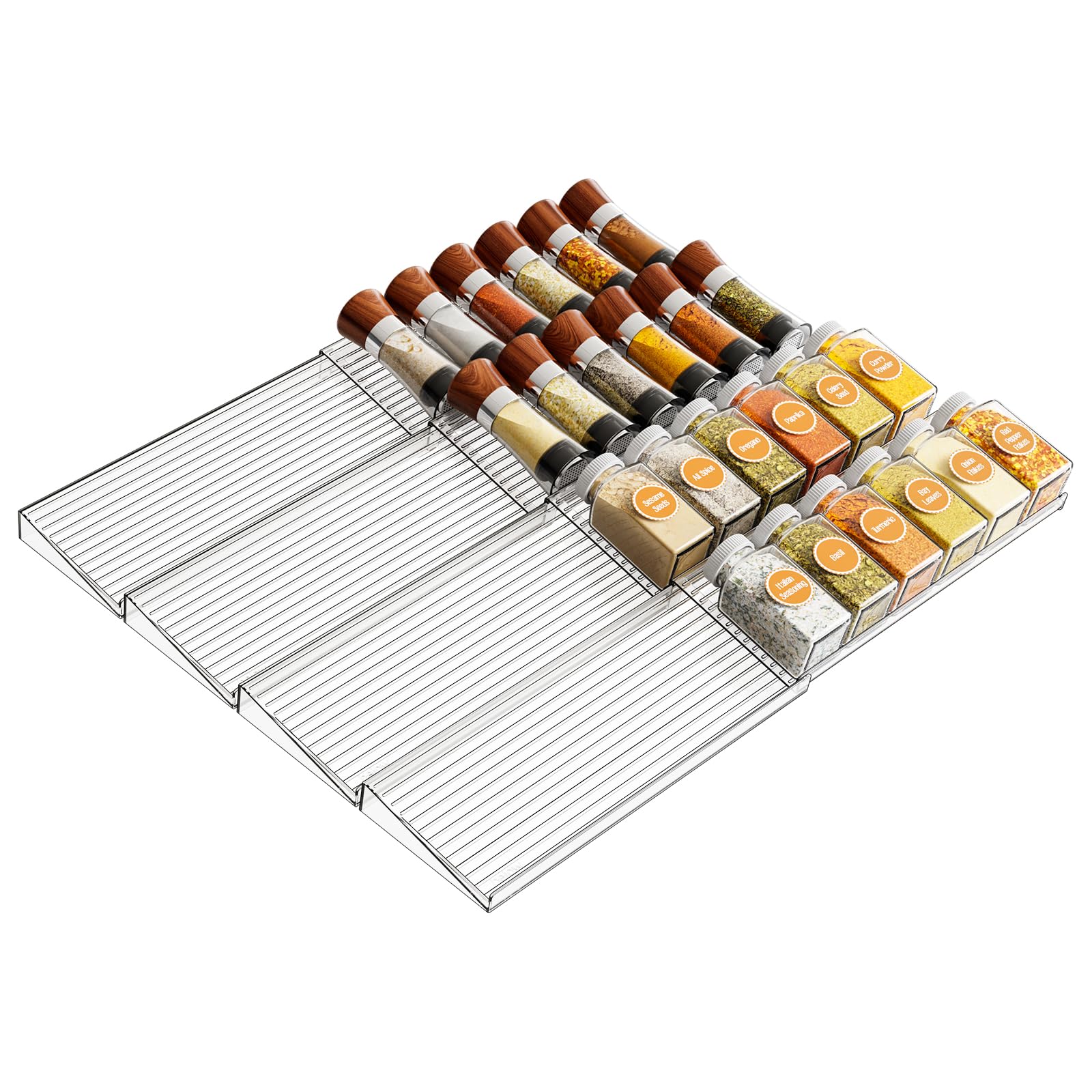 Yieach expandable spice organizer in-drawer view showing 11 to 22 inch expansion