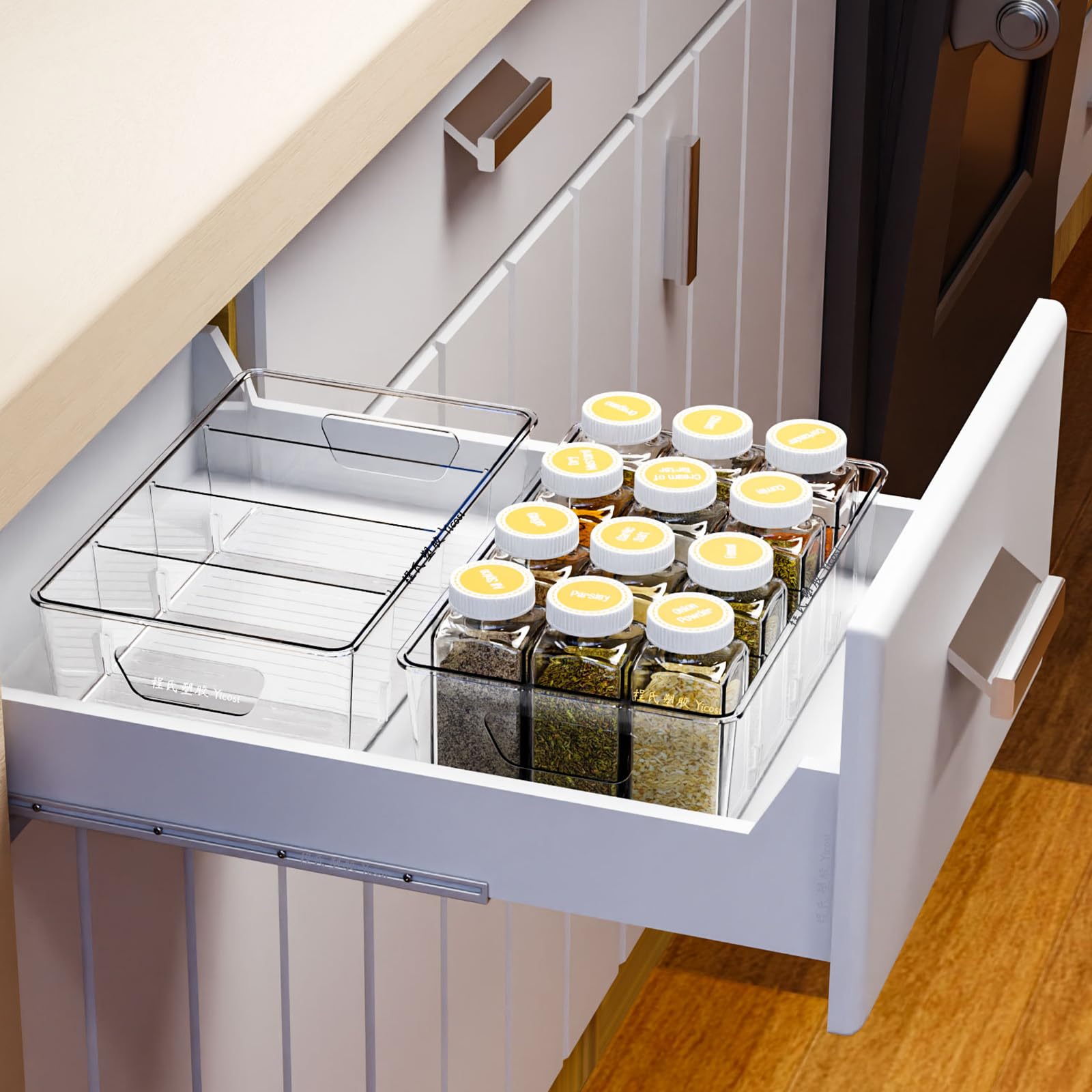 Yieach crystal-clear bins simplify finding snacks, spices and drinks.