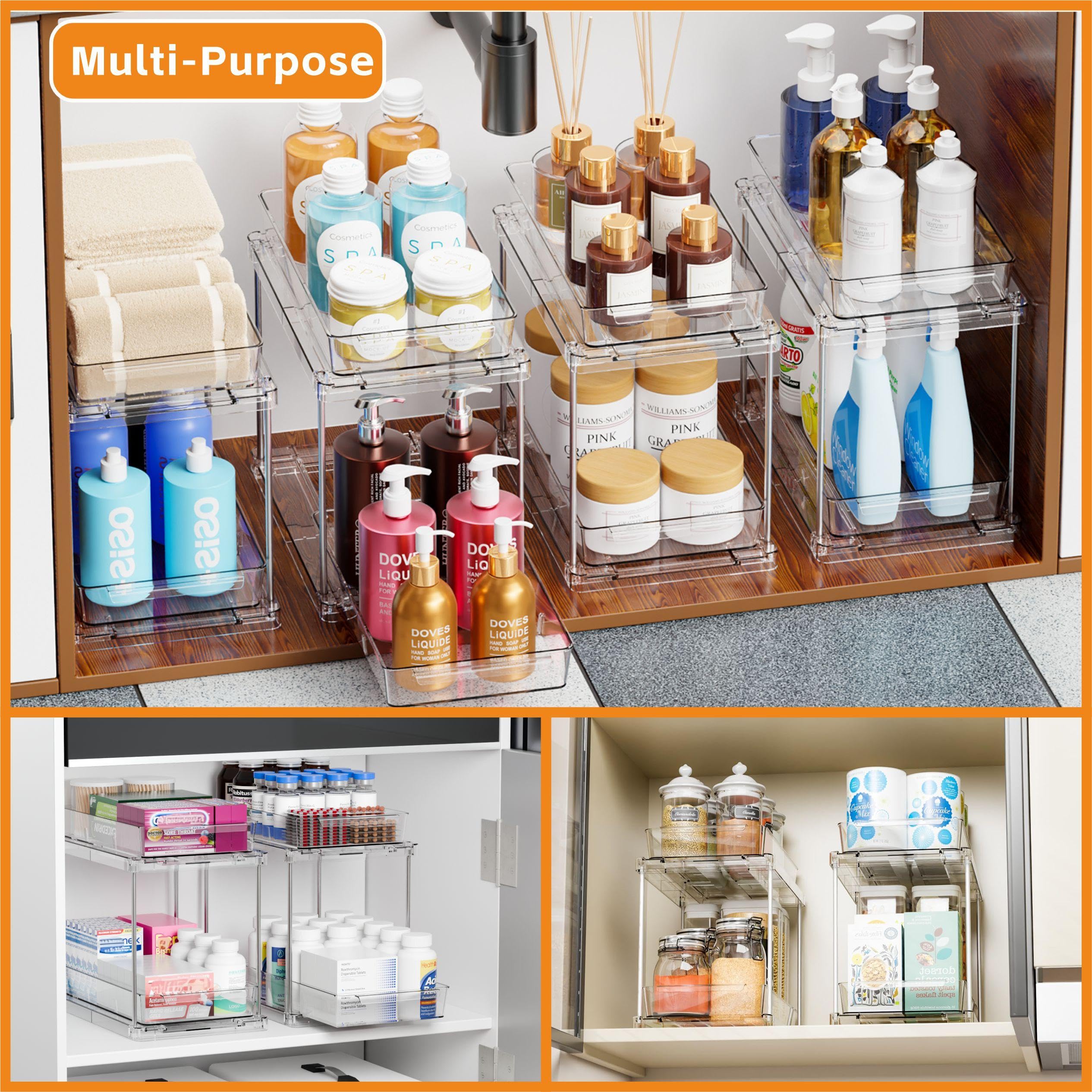 Yieach two-tier pull-out cabinet drawer shown installed in a vanity.