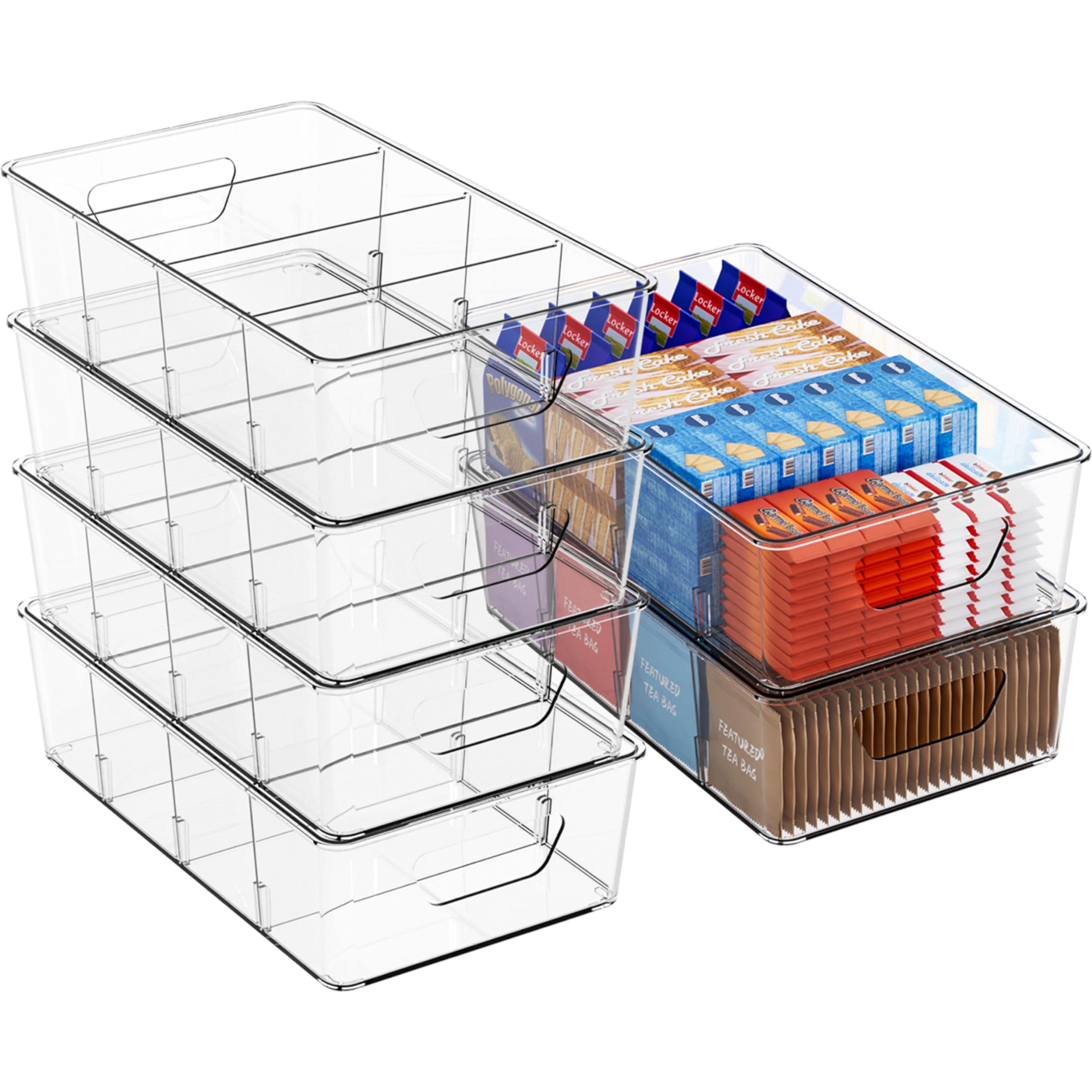 Yieach stackable snack organizer on pantry shelf with clear bins for easy access.