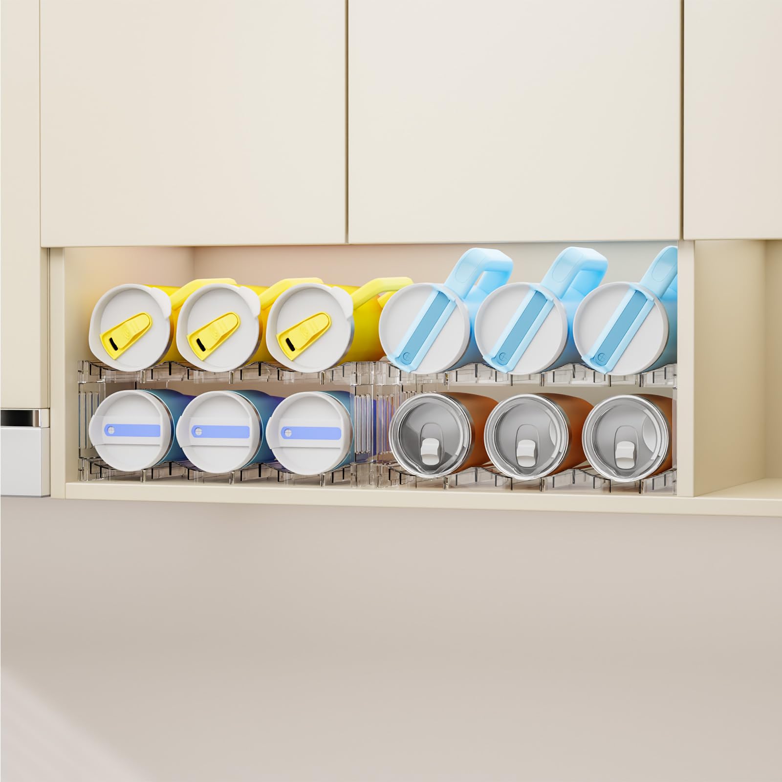 Yieach Stackable Cup Organizer neatly organizes bottles in a cabinet.