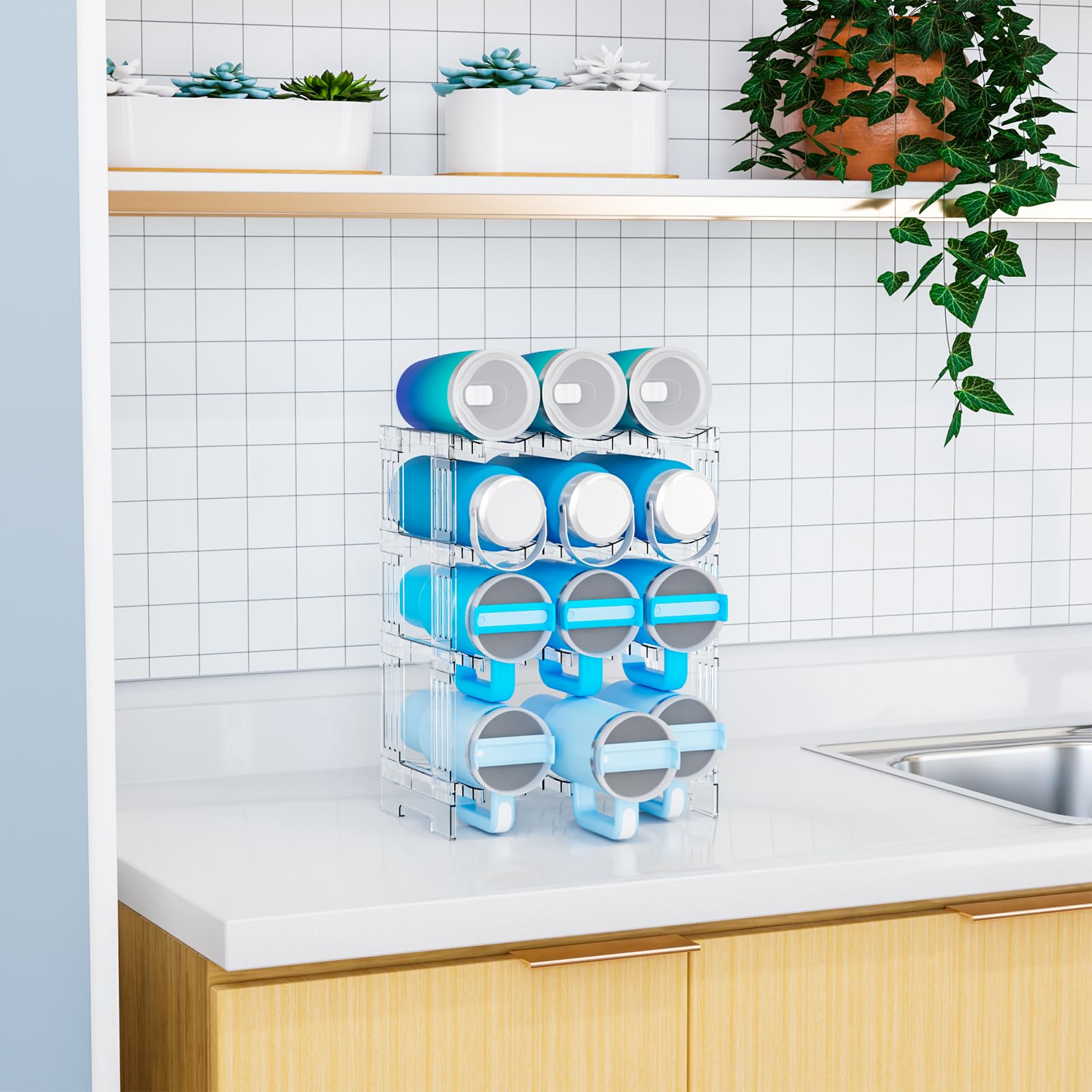 Yieach Stackable Cup Organizer clear plastic finish complements kitchen decor.