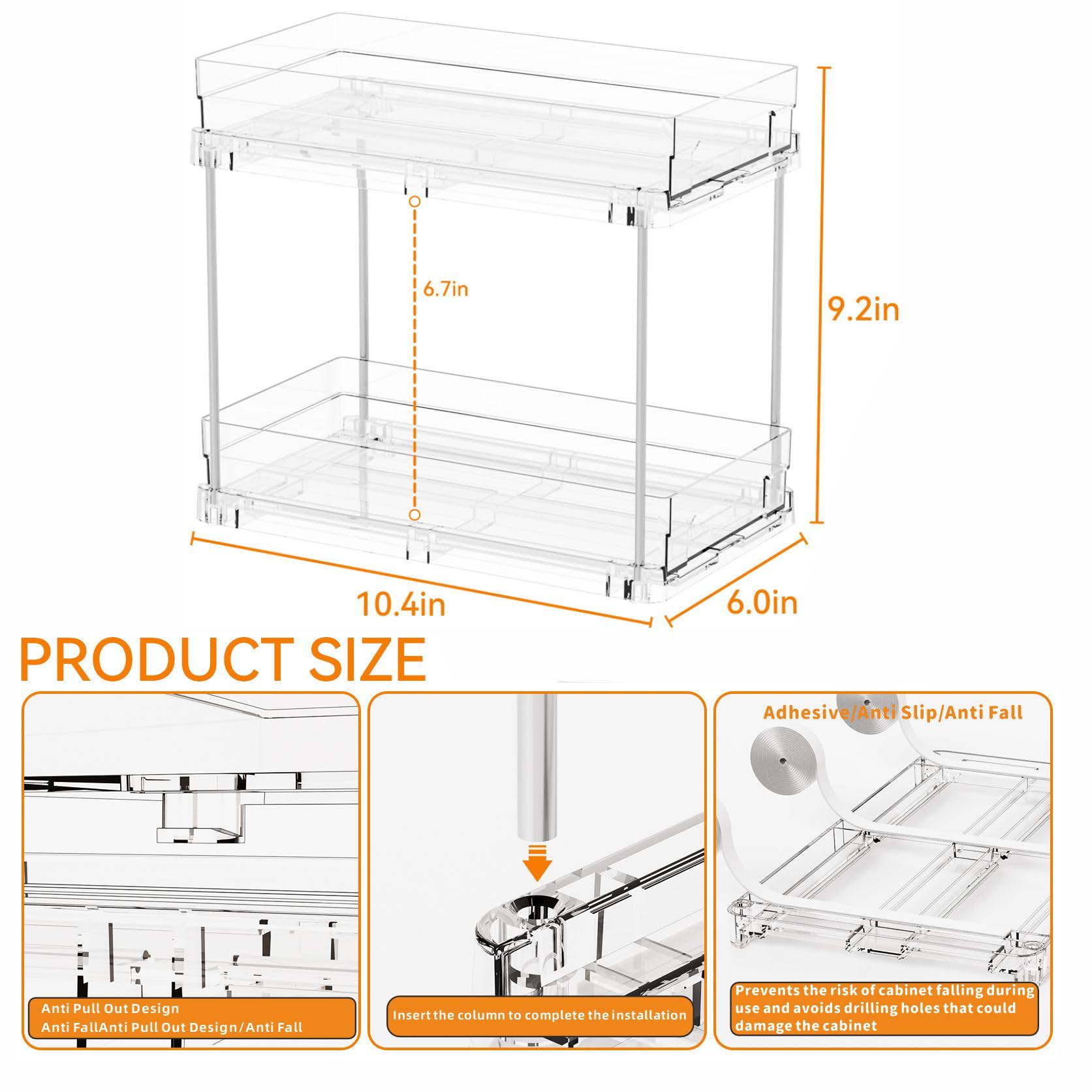 Yieach two-tier pull-out cabinet organizer keeps items in reach.