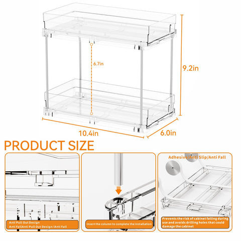 Yieach two-tier pull-out cabinet organizer keeps items in reach.