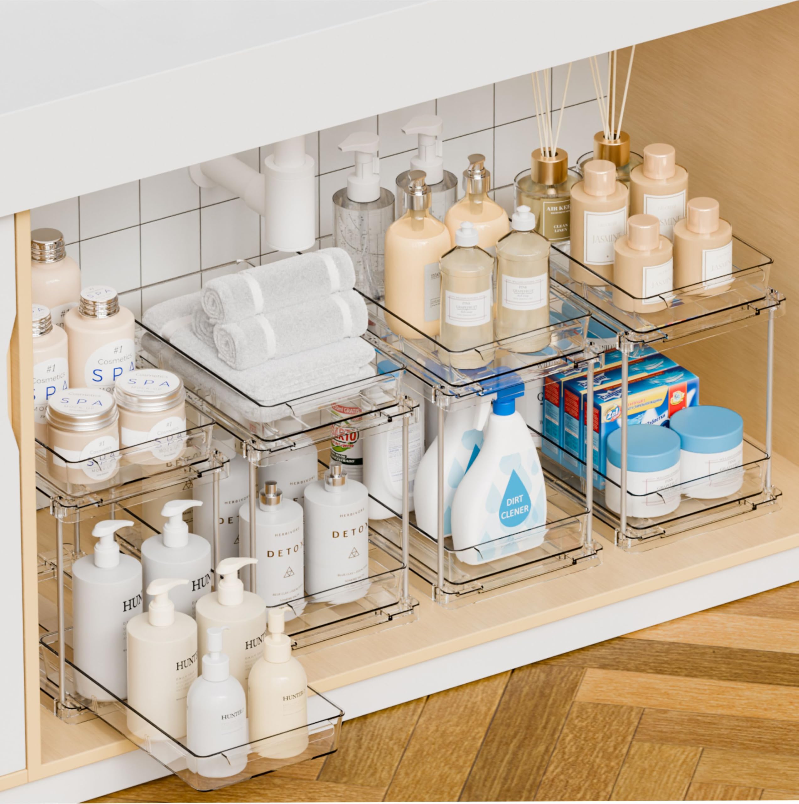 Yieach under-sink organizer with track drawer for stable full-extension access.