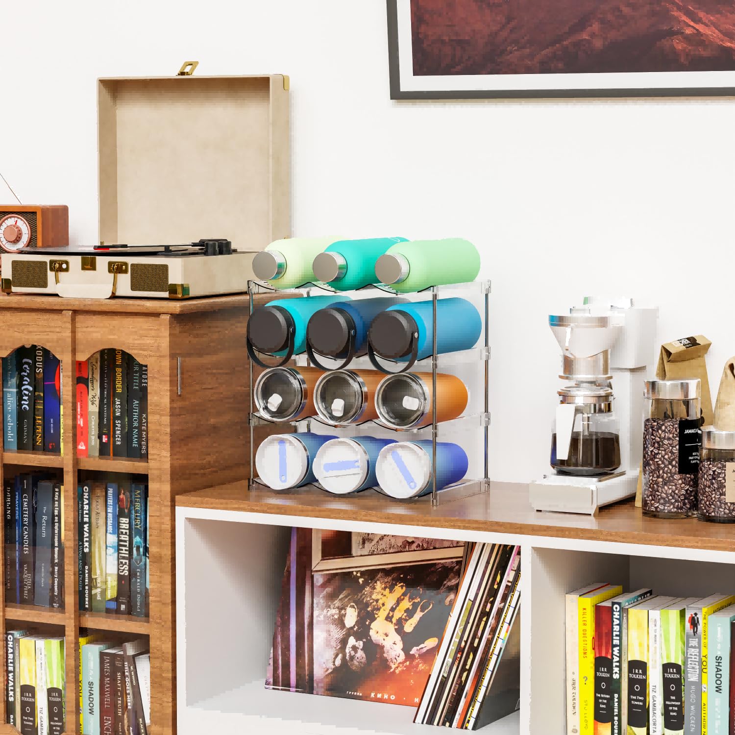 Yieach storage solution holding wine and cans in a tidy bar area
