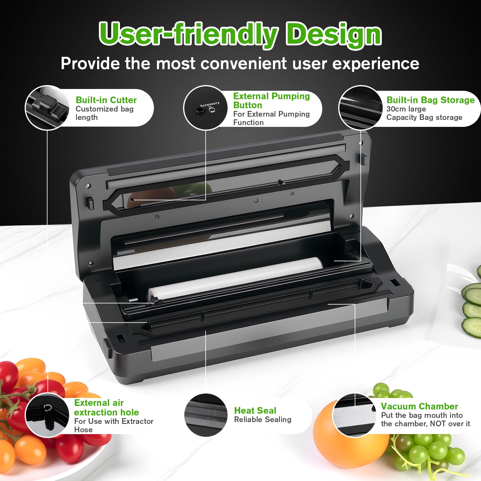 Powerful suction of minus 0.75 bar supports secure marinating and juices
