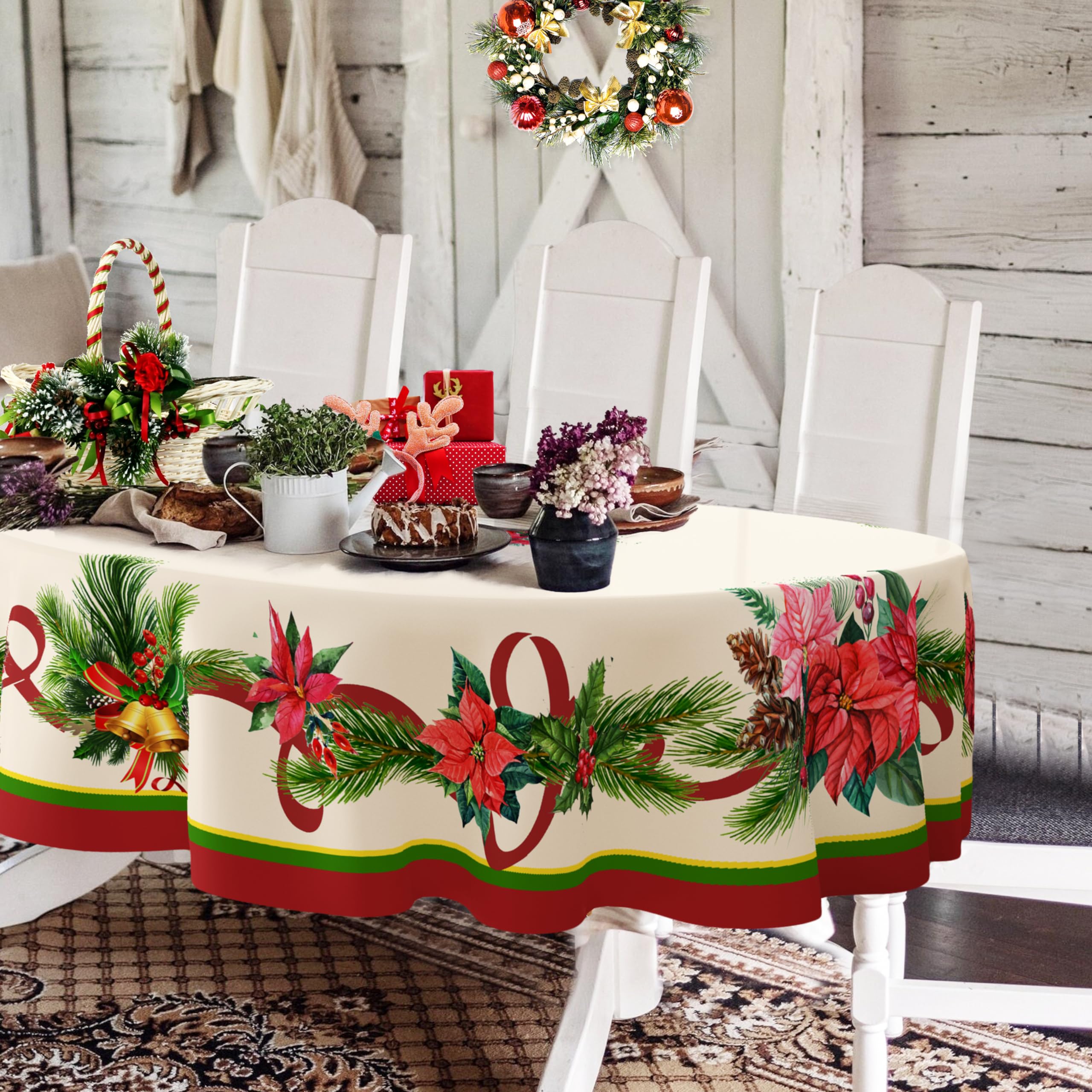 Yighty oval Christmas tablecloth with poinsettia, holly, and pine cone pattern for elegant holiday dining