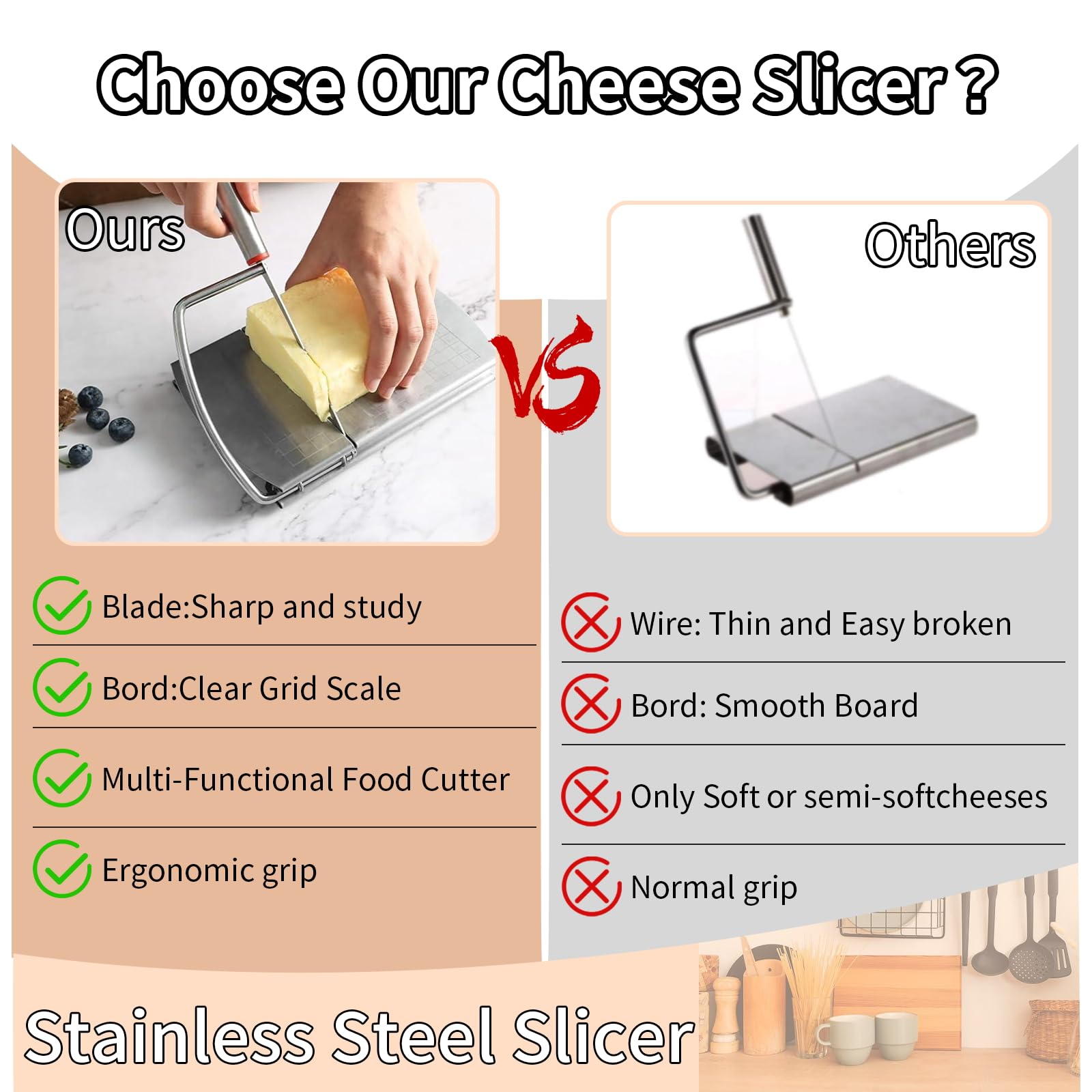 YIHAOSSING cheese slicer showing grid scale for adjustable thickness