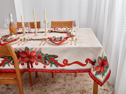 YiHomer Poinsettia Ribbon Tablecloth closeup pattern reveals detailed print.