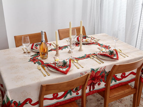 YiHomer Poinsettia Ribbon Tablecloth dining setup shows vibrant red accents.