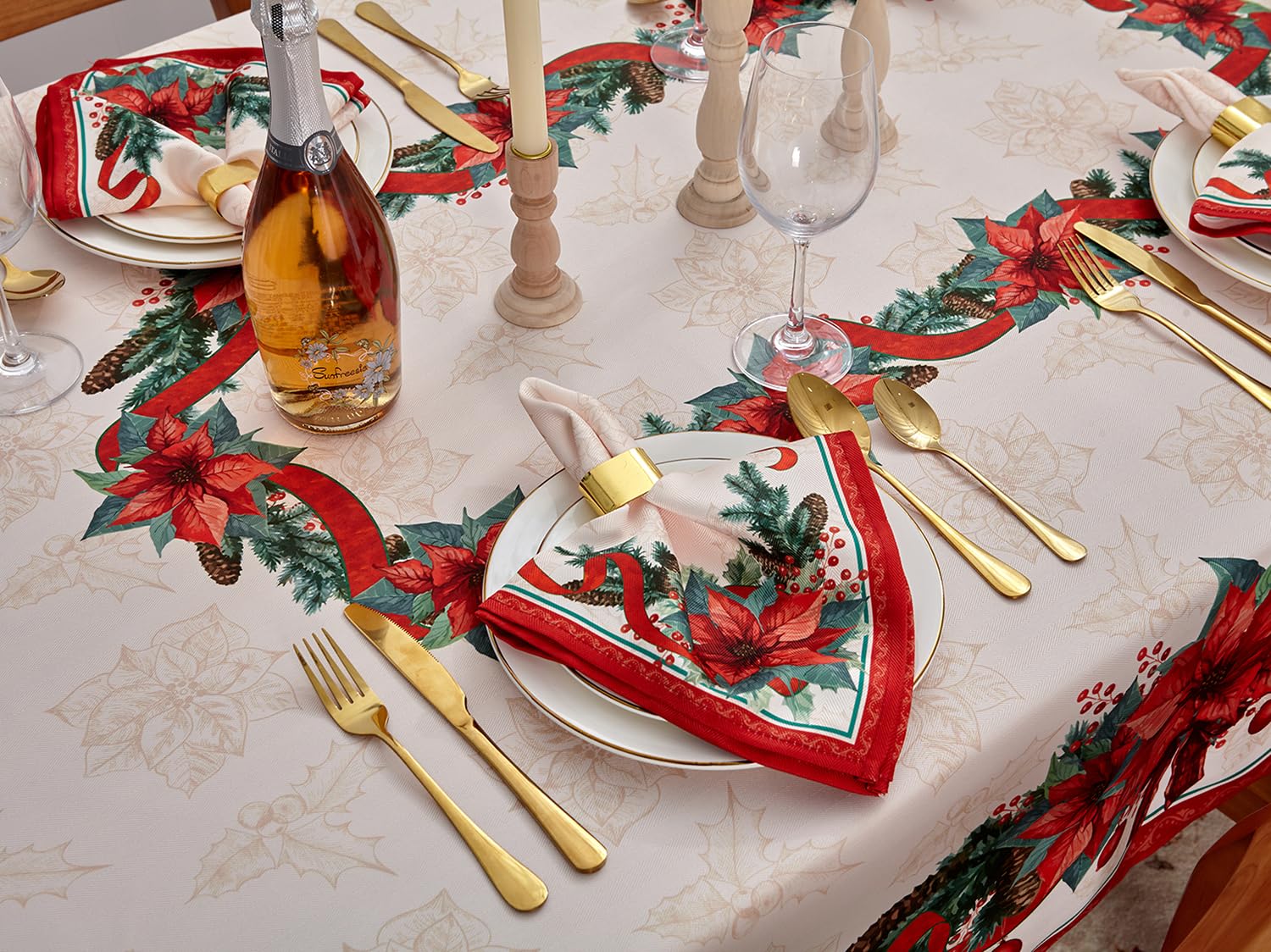 YiHomer Poinsettia Ribbon Tablecloth fabric detail shows soft, durable polyester.