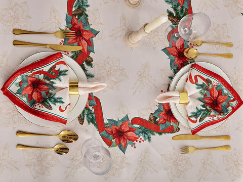 YiHomer Poinsettia Ribbon Tablecloth indoor outdoor use supports versatile holiday settings.