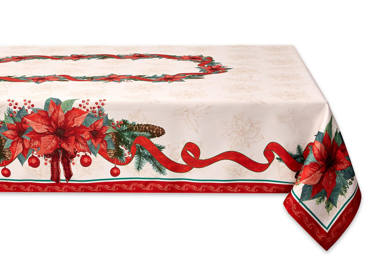 YiHomer Poinsettia Ribbon Tablecloth overall view enhances festive dining.