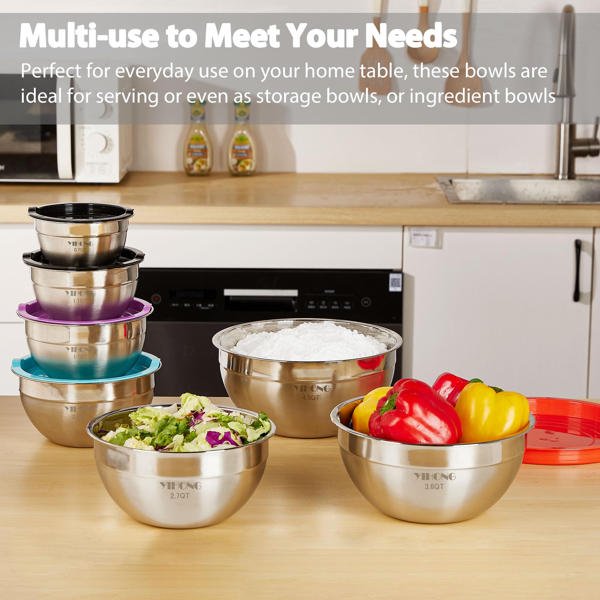 YIHONG stainless-steel bowls with nesting design save space on the counter.