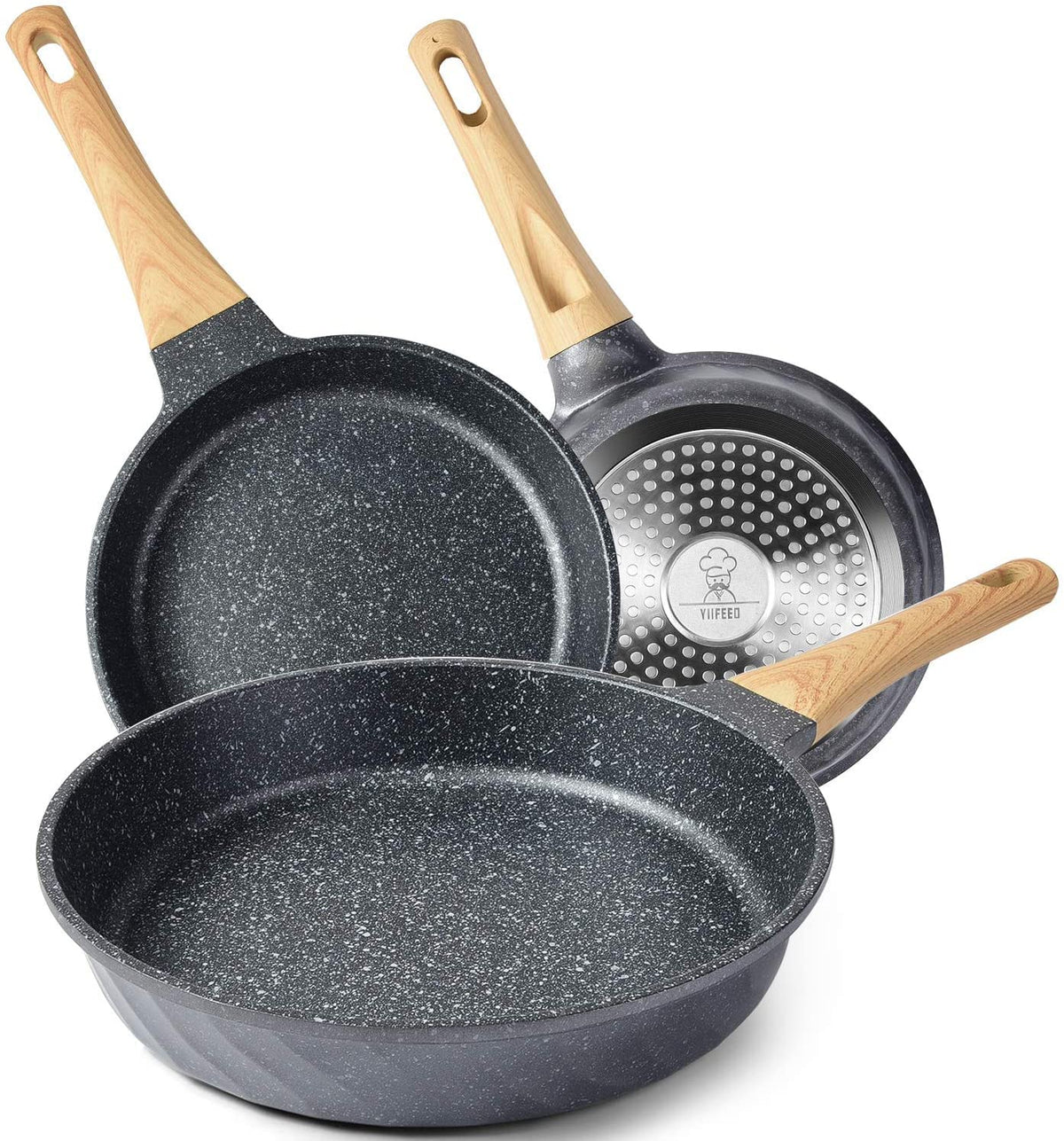 YIIFEEO granite nonstick 8in pan close-up shows durable surface for easy cooking