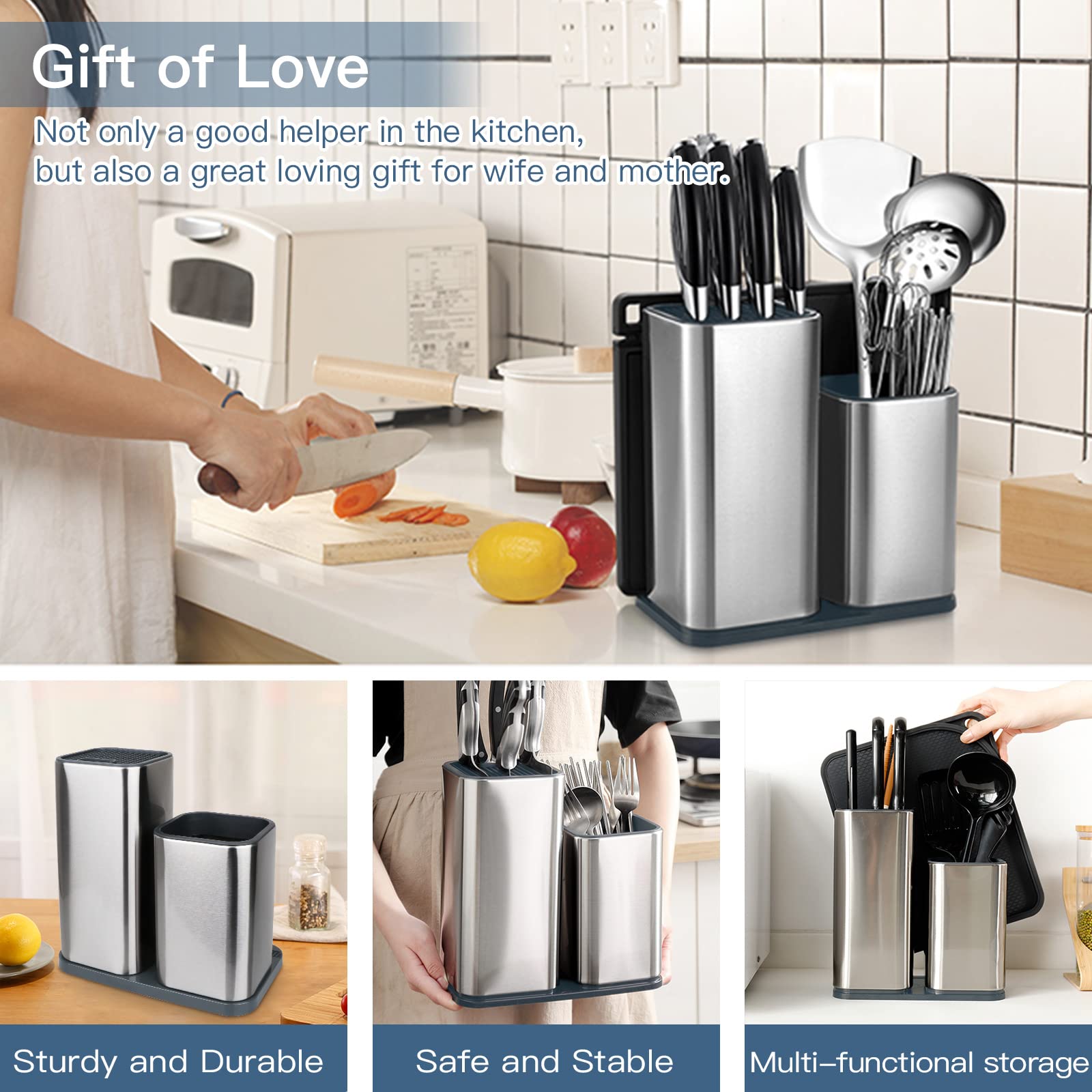 Yimerlen universal knife block with cutlery holder demonstrates organized storage