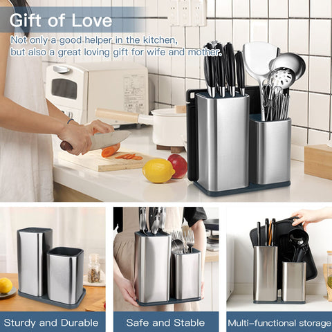 Yimerlen universal knife block with cutlery holder demonstrates organized storage