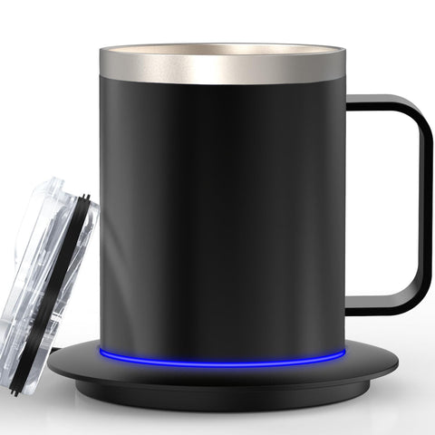 YIMUBREEZ self-heating mug with LED indicator keeps coffee warm at about 131°F.